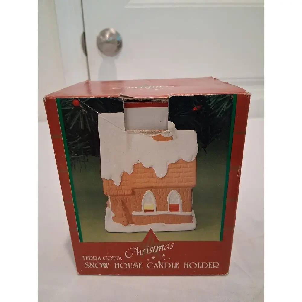 Vintage 1980s 1990s Terracotta Christmas Snow House Votive Candle Holder Box